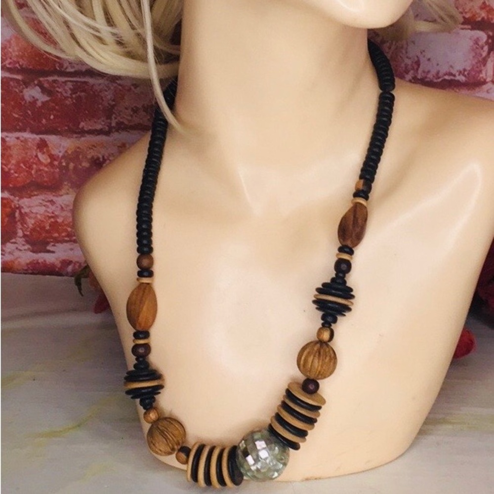 Vintage Brown and Black Boho Wooden Beaded African Inspired Necklace
